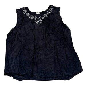 Uniti Casuals Black 3X Sleeveless Linen & Rayon Blouse With White Embroidered Ne